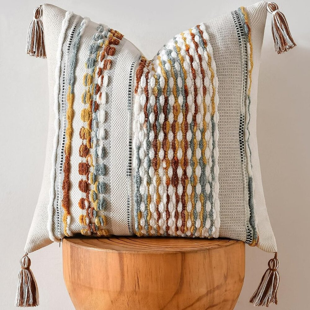 Chenille Boho Throw Pillow Cover Striped Textured‎ Aesthetic w Tassels Woven 18"